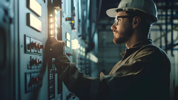 A focused electrical engineer examines the intricate details of a large industrial fuse box,surrounded by atmospheric lighting that casts shadows and highlights the complex circuitry and components